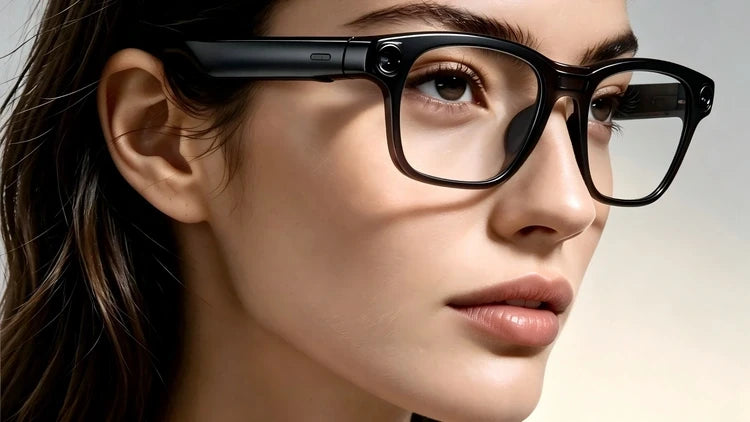 Close-up of a woman wearing black camera glasses with a control button on the temple.