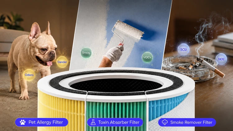 A pet allergen and toxin filter shown in a composite marketing graphic. The main product is a round white filter with yellow, green, and blue pleated sections. To the left, a French bulldog stands in a living room, and to the right, a hand uses a paint roller on a wall with smoke and an ashtray in the background. Text labels identify the filters as 'Pet Allergy Filter', 'Toxin Absorber Filter', and 'Smoke Remover Filter'.