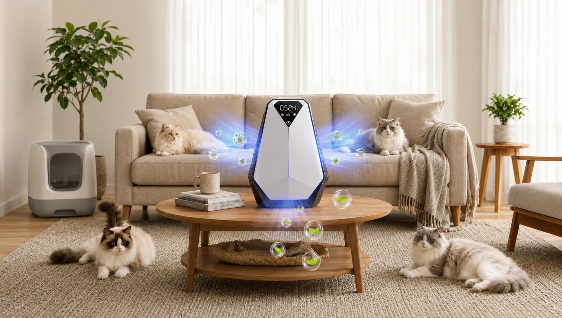 Two pet air purifiers operating in a bright living room with three cats around a coffee table.