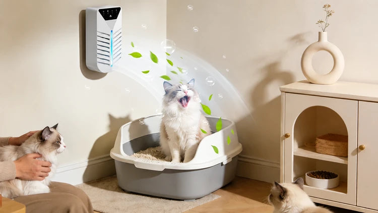 A wall-mounted cat litter box cleaner device shown in a home setting with three cats. A white and gray cat sits inside a litter box on the floor, while another cat is held by a person on the left and a third sits on the floor on the right. The wall-mounted device projects a green leaf graphic and bubbles toward the litter box, suggesting a scent-detecting or cleaning feature.