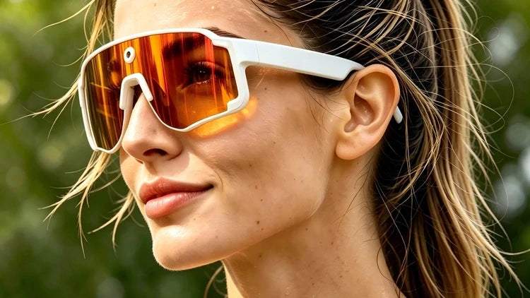 A close-up of a woman wearing futuristic wraparound sunglasses with a white frame and reflective orange lenses, set against a blurred green outdoor background.